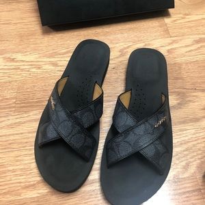 Coach Janine Embs Pvc/calf Sandals, Black Size 8M
